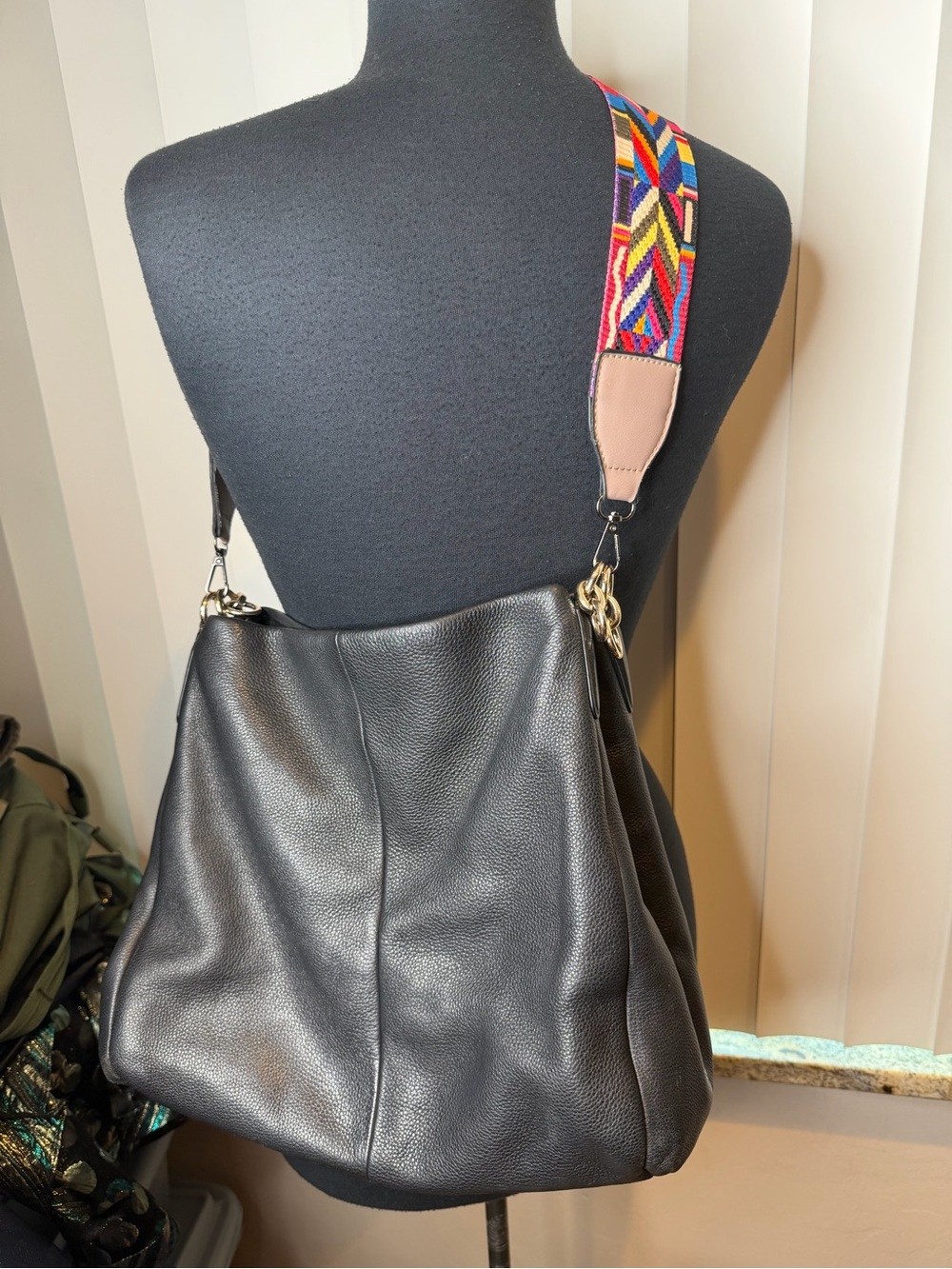 Coach Black Leather Hobo Bag with Colorful Woven Strap